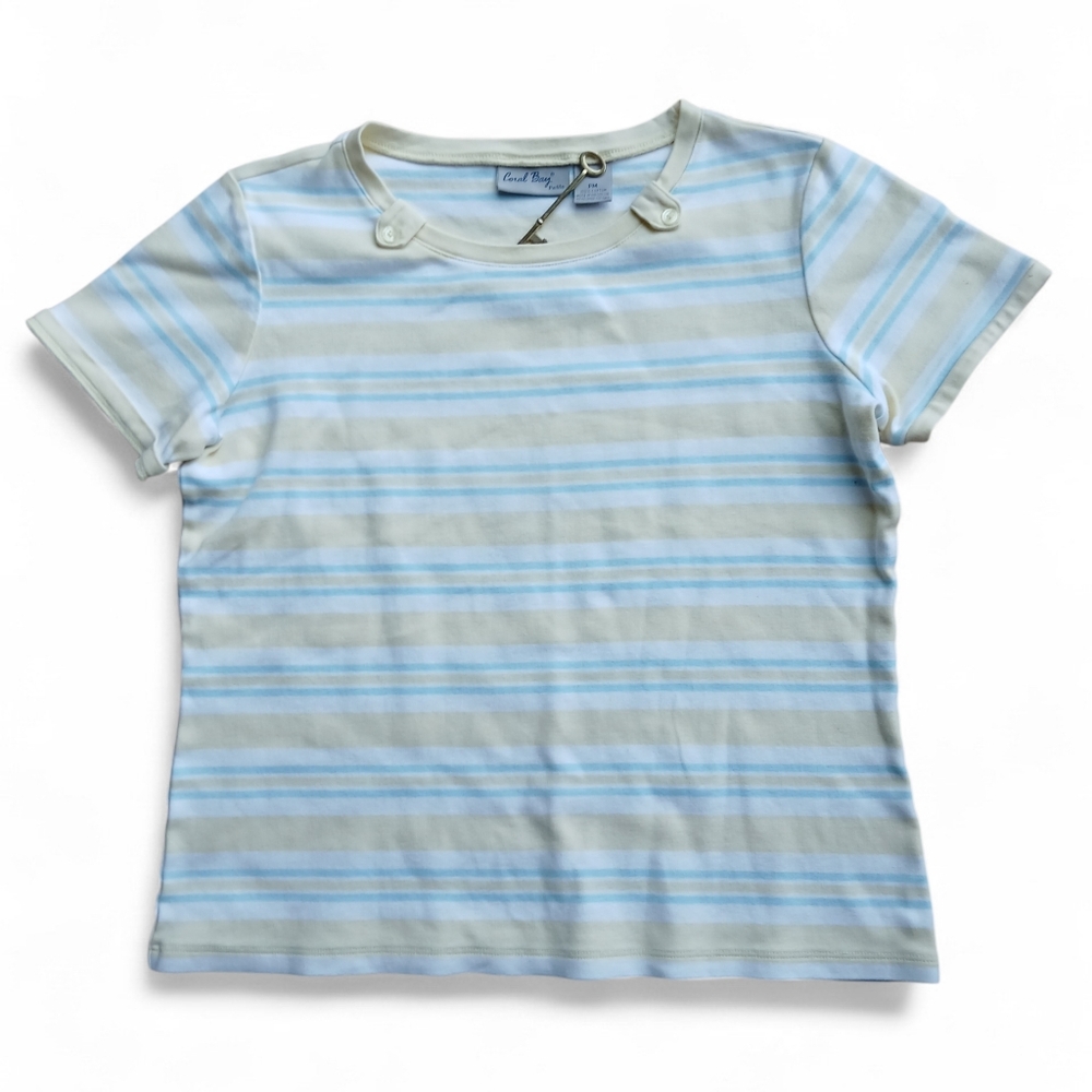 Coral Bay Women's Size Medium Petite Light Blue and White Striped Tee